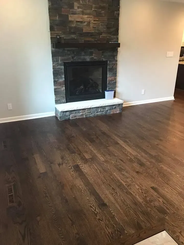 Fireplace with dark stone surround and wood flooring.