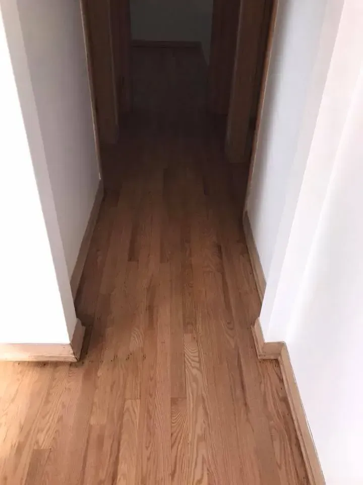 Hallway with light brown hardwood floors, white walls, and wooden door frames.