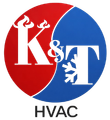 Logo for HVAC company "K&T". Red and blue circle, "K&T" with flame and snowflake icons. "HVAC" text below.