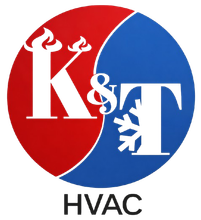 Logo for HVAC company "K&T". Red and blue circle, "K&T" with flame and snowflake icons. "HVAC" text below.