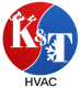 Logo for HVAC company "K&T". Red and blue circle, "K&T" with flame and snowflake icons. "HVAC" text below.