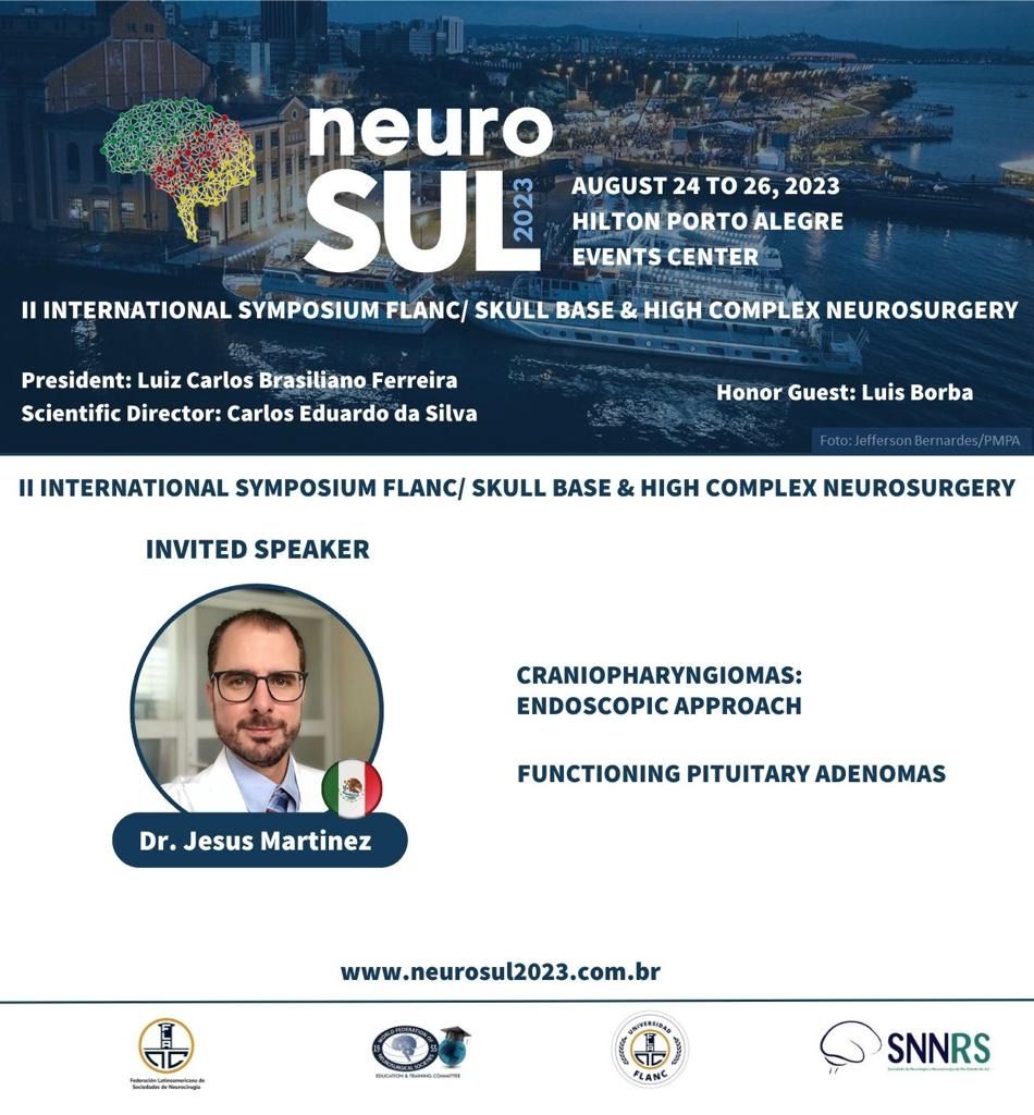 Un cartel para una conferencia llamada neuro sul con una foto de un hombre con bata blanca y corbata.