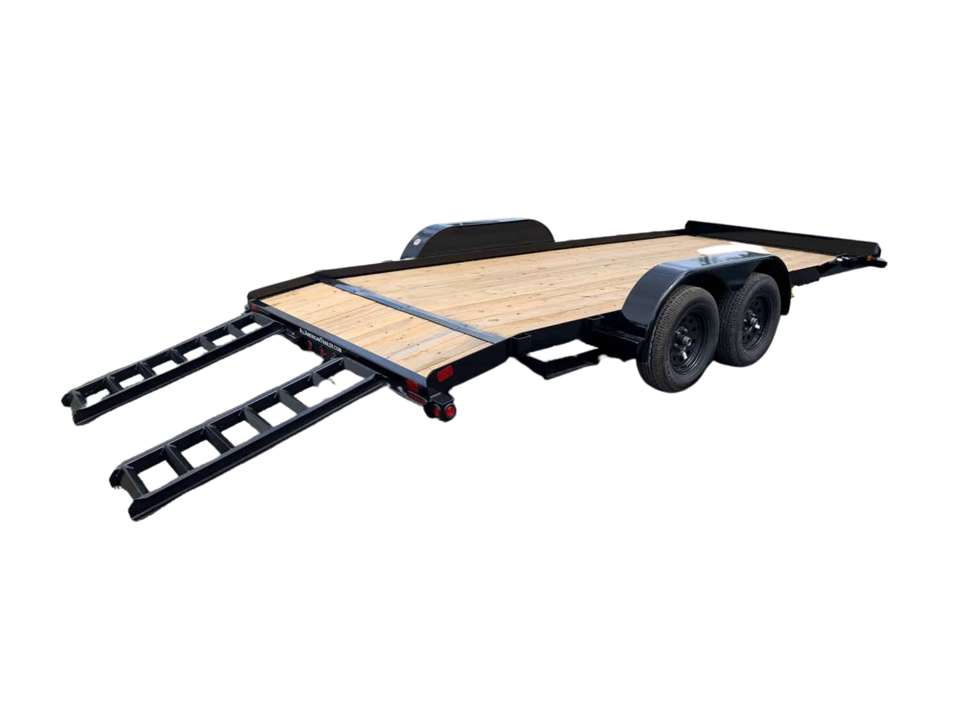 A flatbed trailer with a ramp attached to it on a white background.