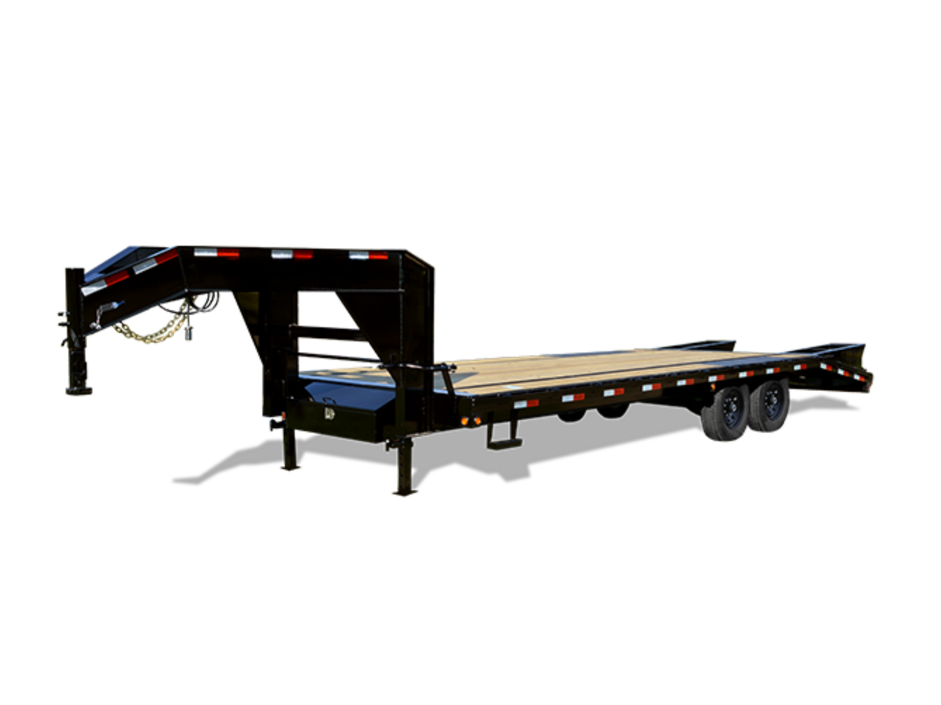 A flatbed trailer with a ladder attached to it on a white background.