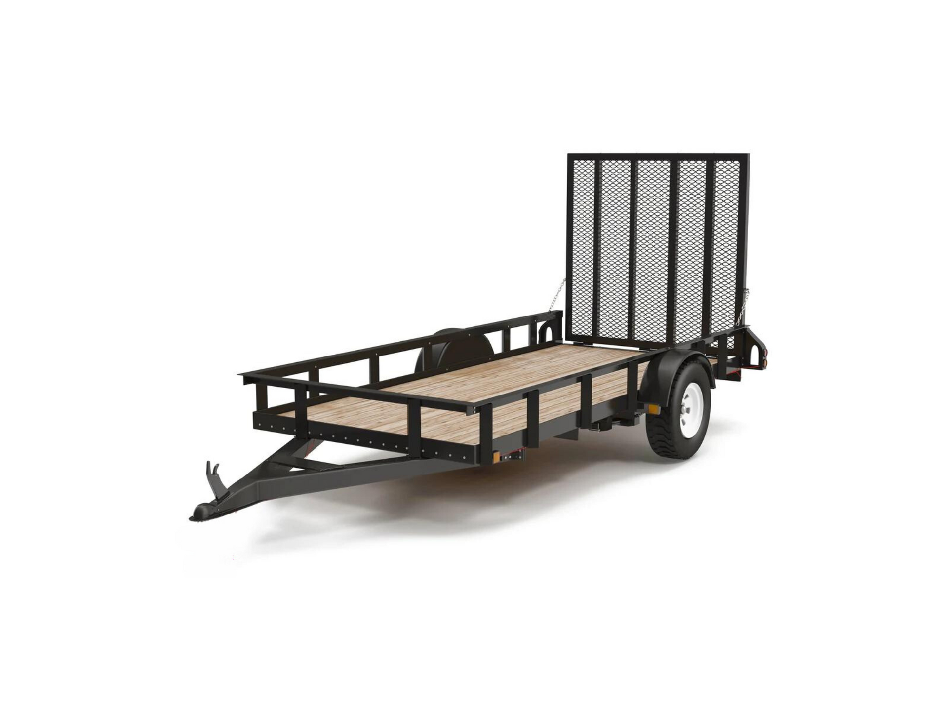 A small trailer with a wooden deck on a white background.