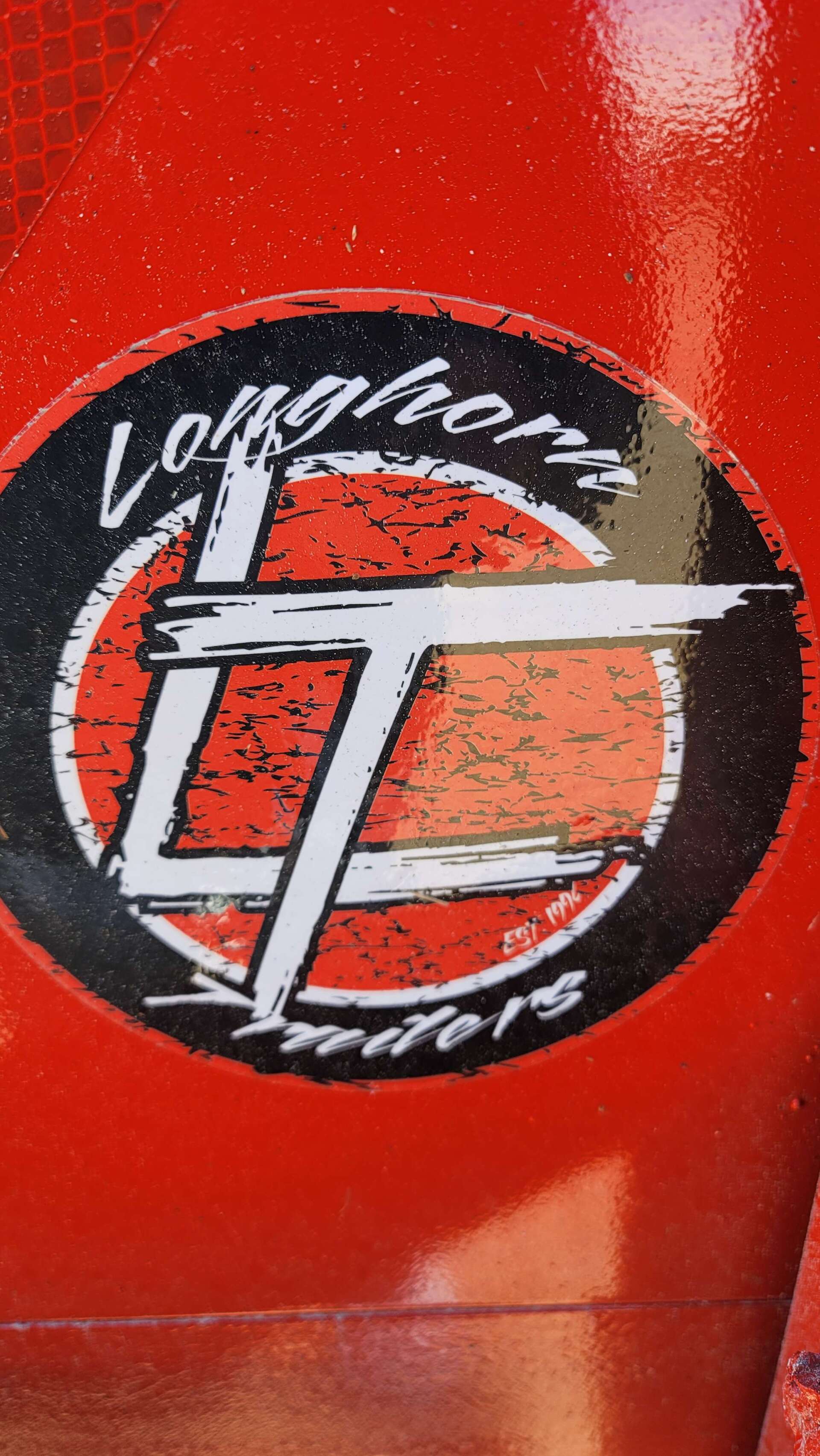 A close up of a longhorn sticker on a red surface