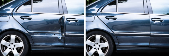 A before and after picture of a car with a damaged door.