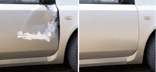 A before and after picture of a car with a damaged door.
