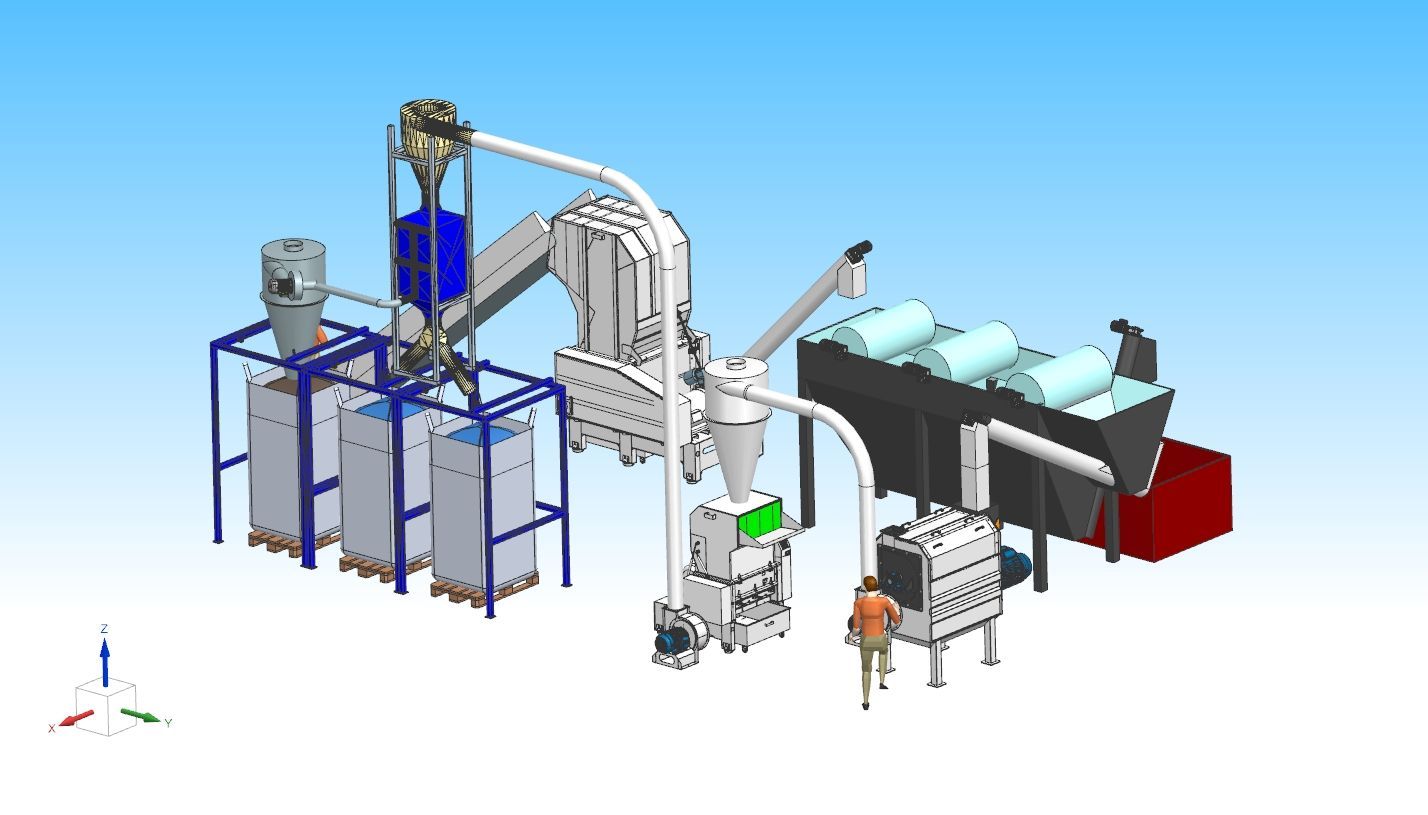 Diagrama de planta industrial con máquinas, cintas transportadoras y un trabajador.