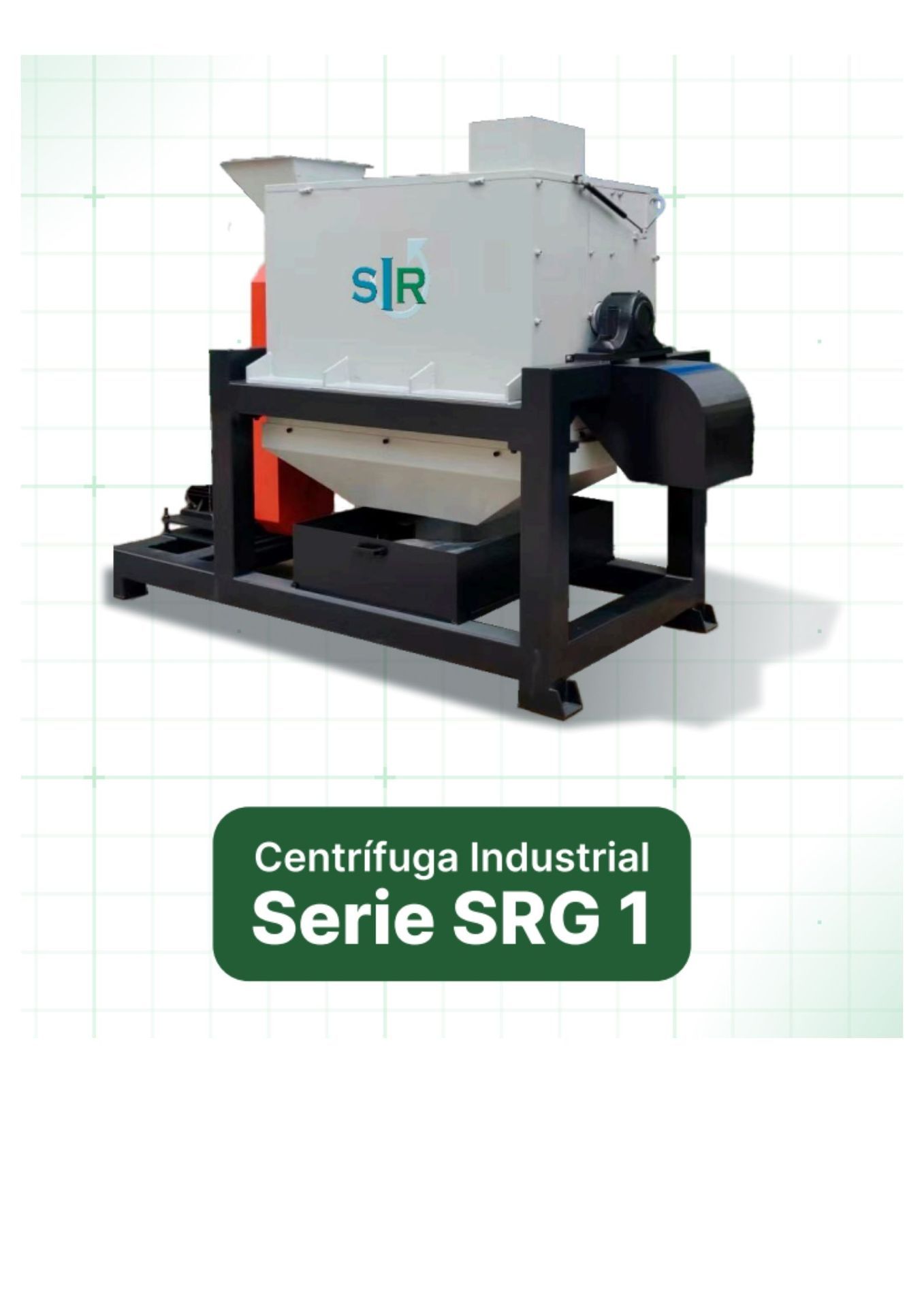 Centrífuga industrial, color blanco, logo SR, marco negro, etiqueta Serie SRG 1.