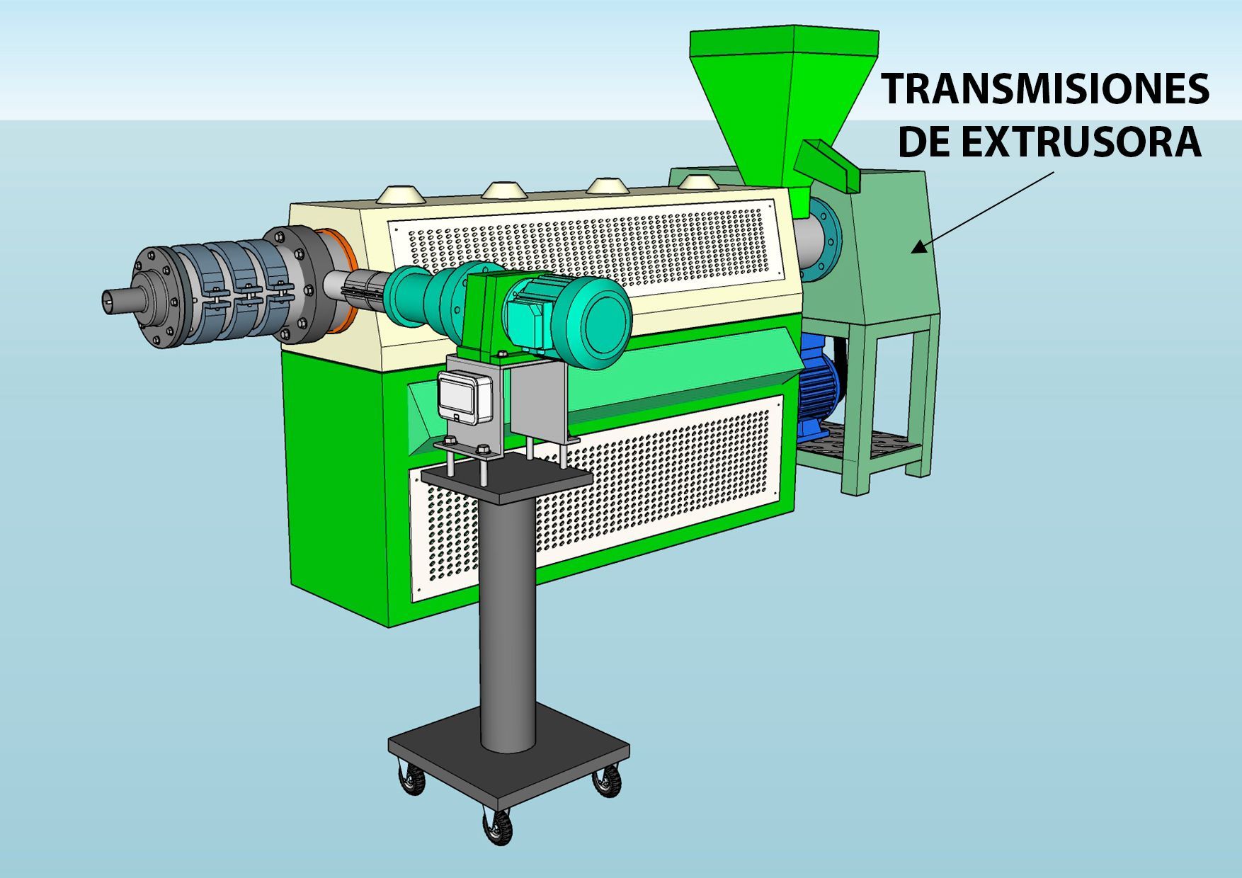 Una máquina extrusora industrial verde con componentes de transmisión etiquetados.