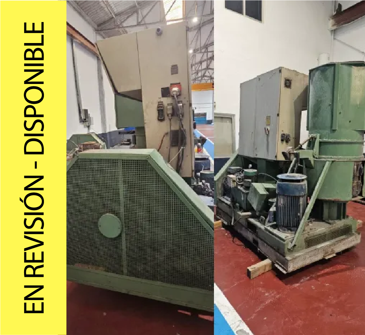 Máquina industrial, verde y beige, en un entorno de fábrica. Cuenta con una tolva grande
