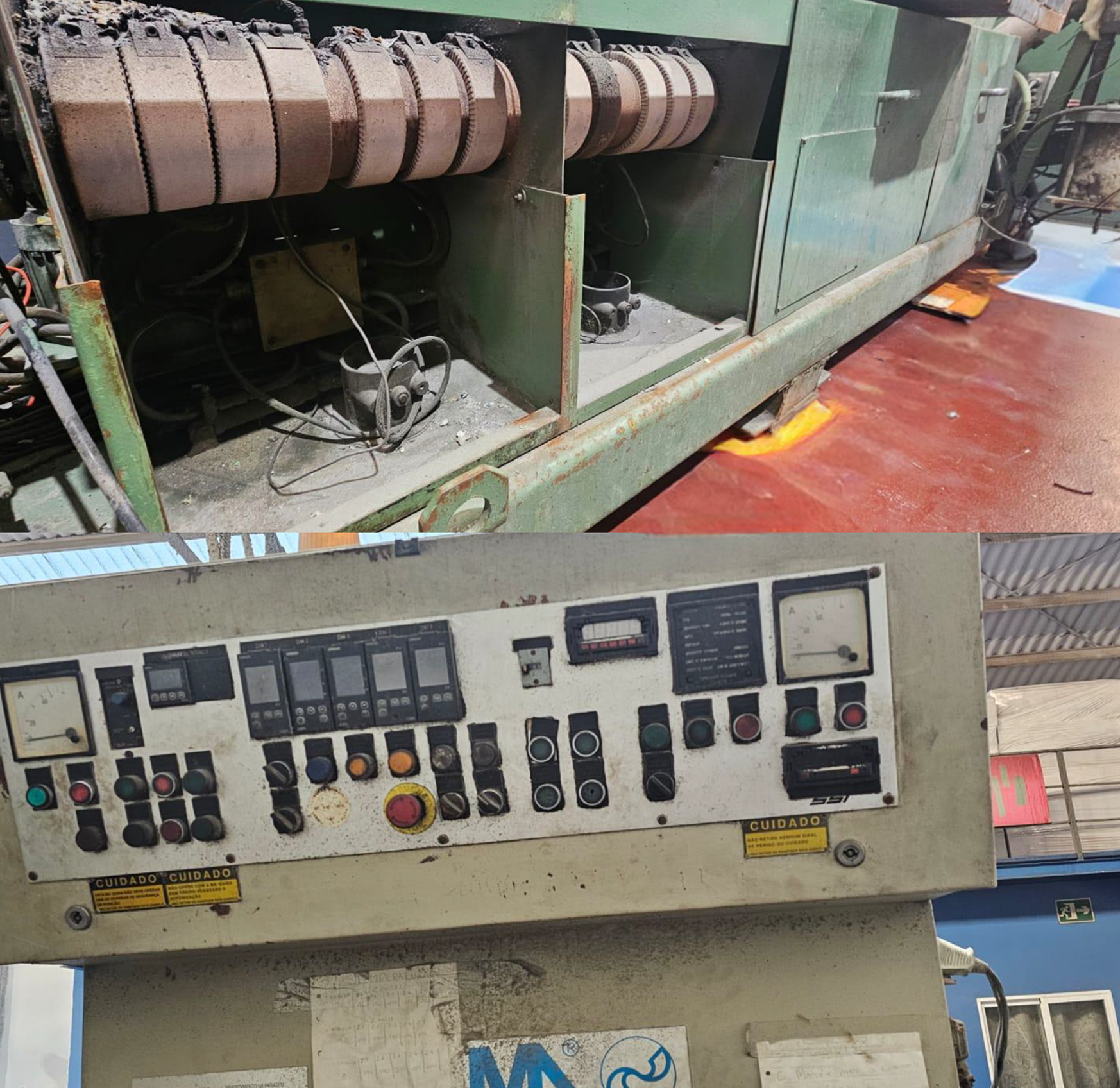 Fotografía en dos partes: máquina industrial, metal verde con componentes eléctricos y panel de control con botones