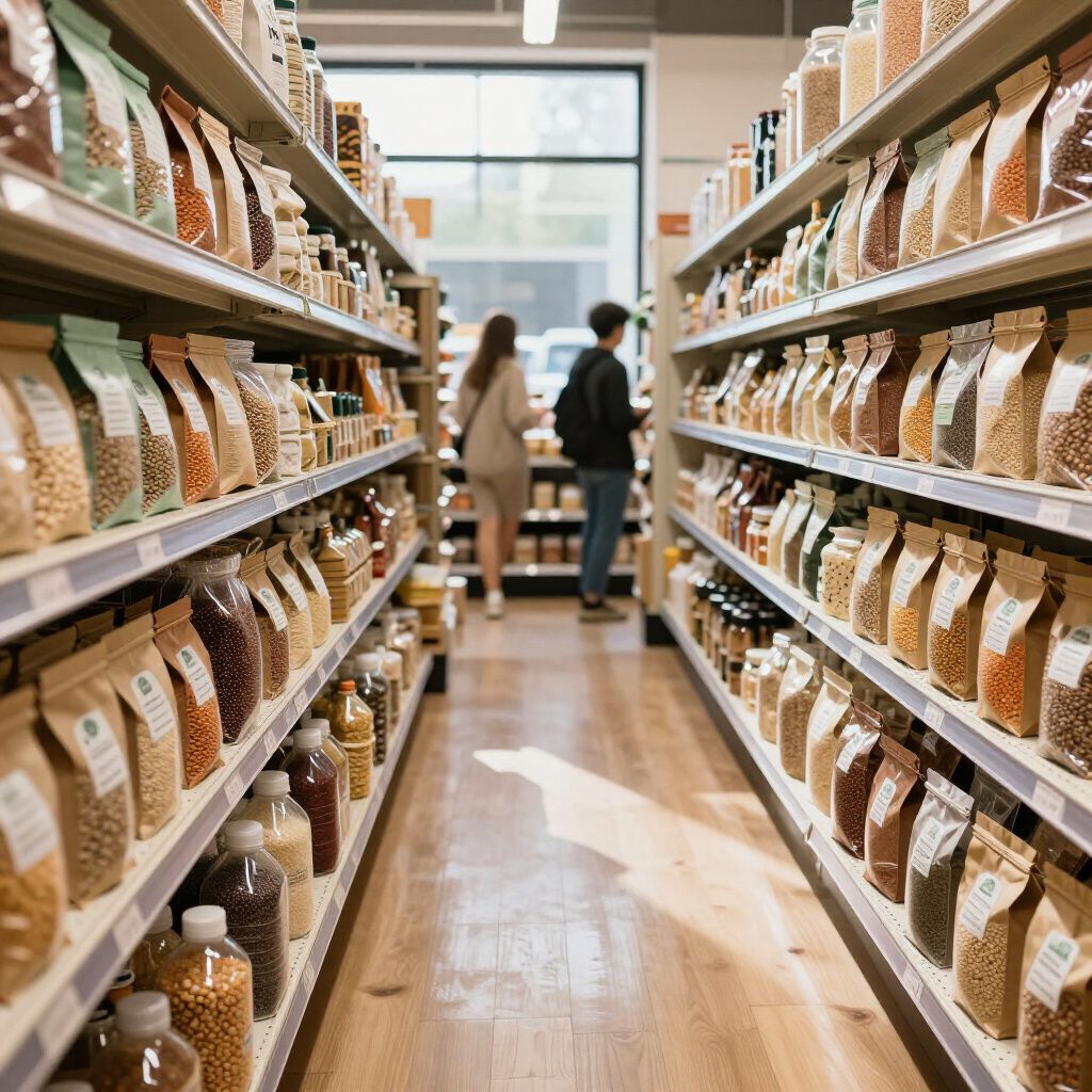 Filas de productos envasados ​​en los estantes de una tienda de comestibles, con dos personas comprando en el pasillo.