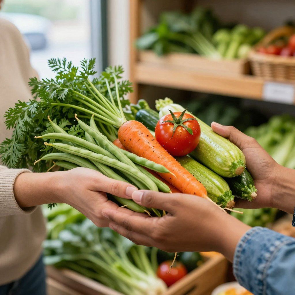 Manos pasando verduras frescas: zanahorias, tomates, calabacines, judías verdes. Productos expuestos en un supermercado.