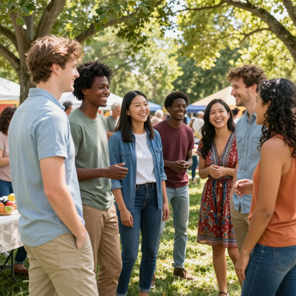 Grupo de personas charlando en un evento al aire libre con mesas y árboles de fondo.