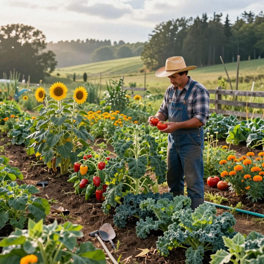 Un granjero con mono y sombrero de paja cosecha tomates en un exuberante jardín con girasoles y otras verduras.