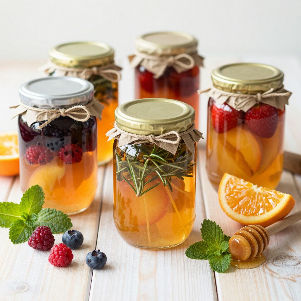 Frascos de vidrio llenos de frutas y hierbas, miel y rodajas de naranja sobre una superficie de madera blanca.