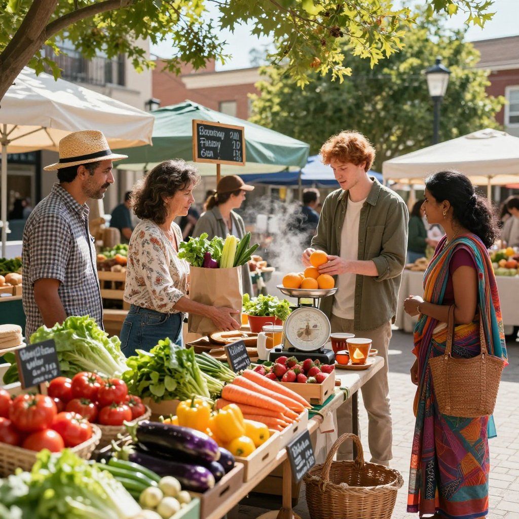 Gente comprando en un mercado de agricultores, mirando frutas y verduras en el puesto de un vendedor en un día soleado.