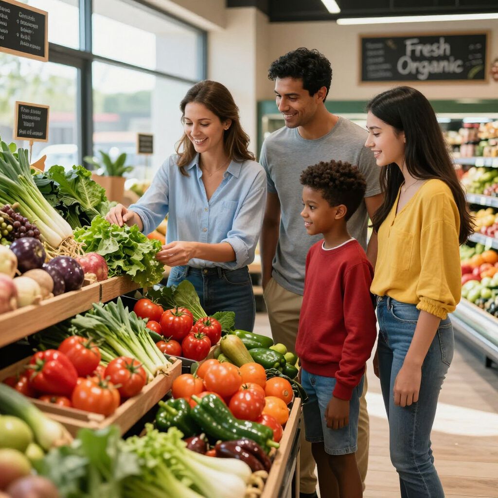 Familia seleccionando productos en un supermercado; sonriendo, mientras toma verduras.