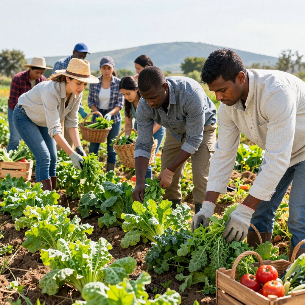 Grupo cosechando verduras en un campo. Día soleado. Cestas y cajas de madera.