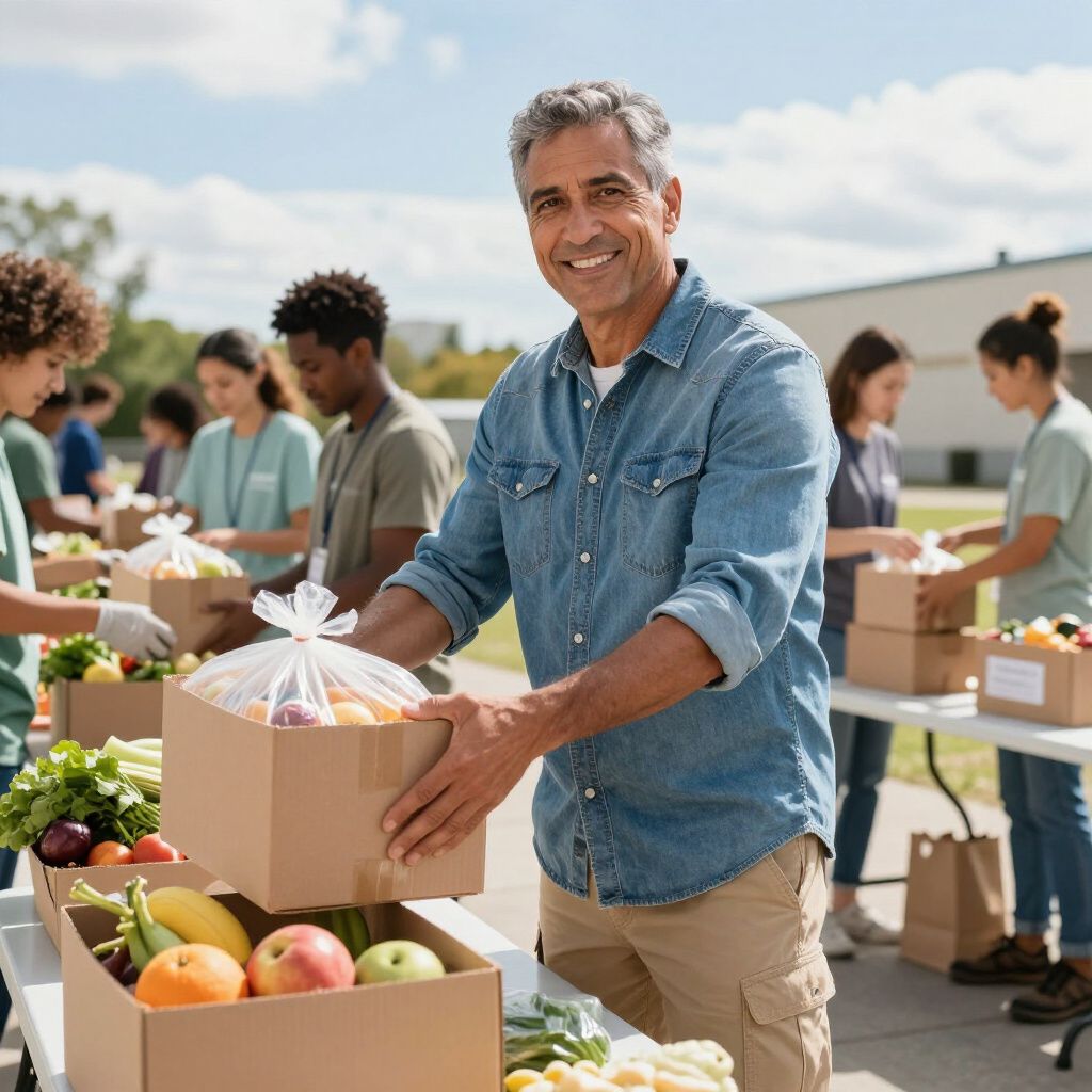 Hombre con una caja de comida en un banco de alimentos, sonriendo a la cámara. Voluntarios empaquetando comida al aire libre.