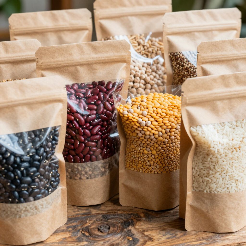Diversos granos y frijoles en bolsas de papel marrón con ventanas de visualización transparentes.