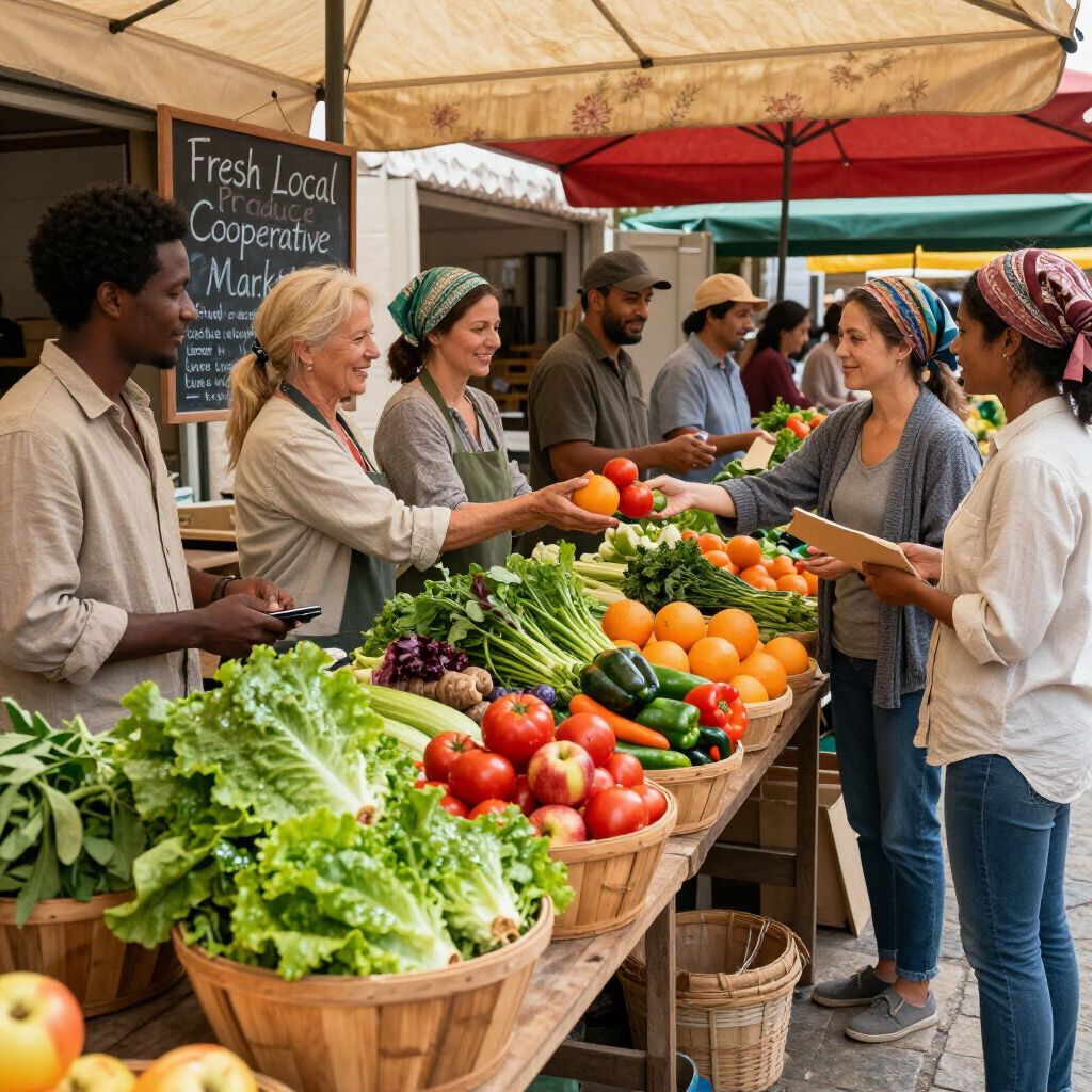 Gente comprando en un mercado de agricultores, con productos a la venta, bajo toldos.