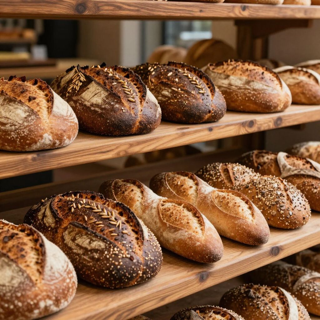 Panes artesanales expuestos en estantes de madera en una panadería.