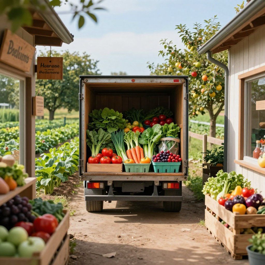 Camión lleno de productos frescos estacionado entre puestos de granja. Se exhiben verduras y frutas.
