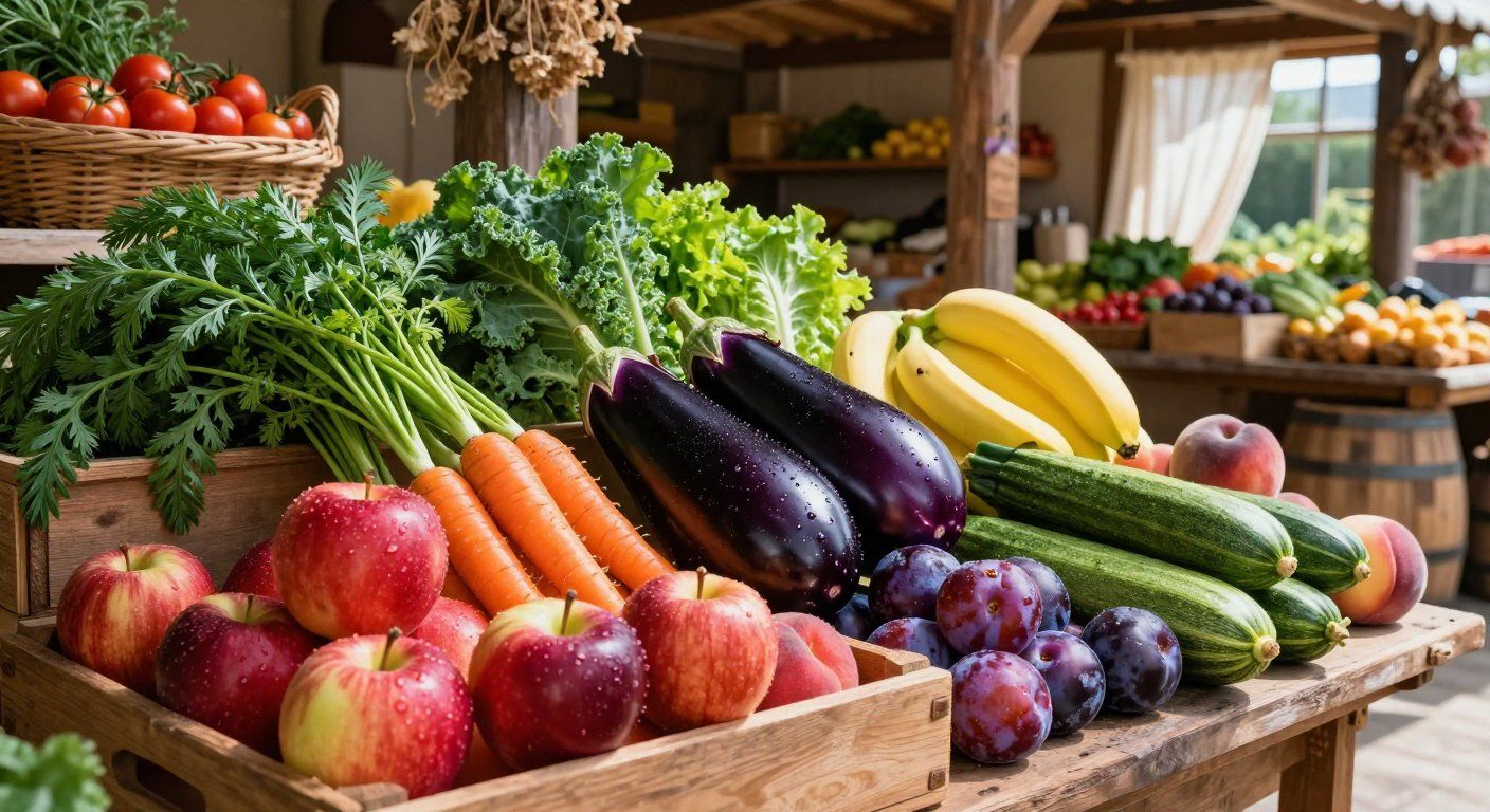 Exhibición de productos frescos: manzanas, zanahorias, berenjenas, ciruelas, pepinos, plátanos, col rizada, tomates y lechuga. Estantes de madera en el exterior.