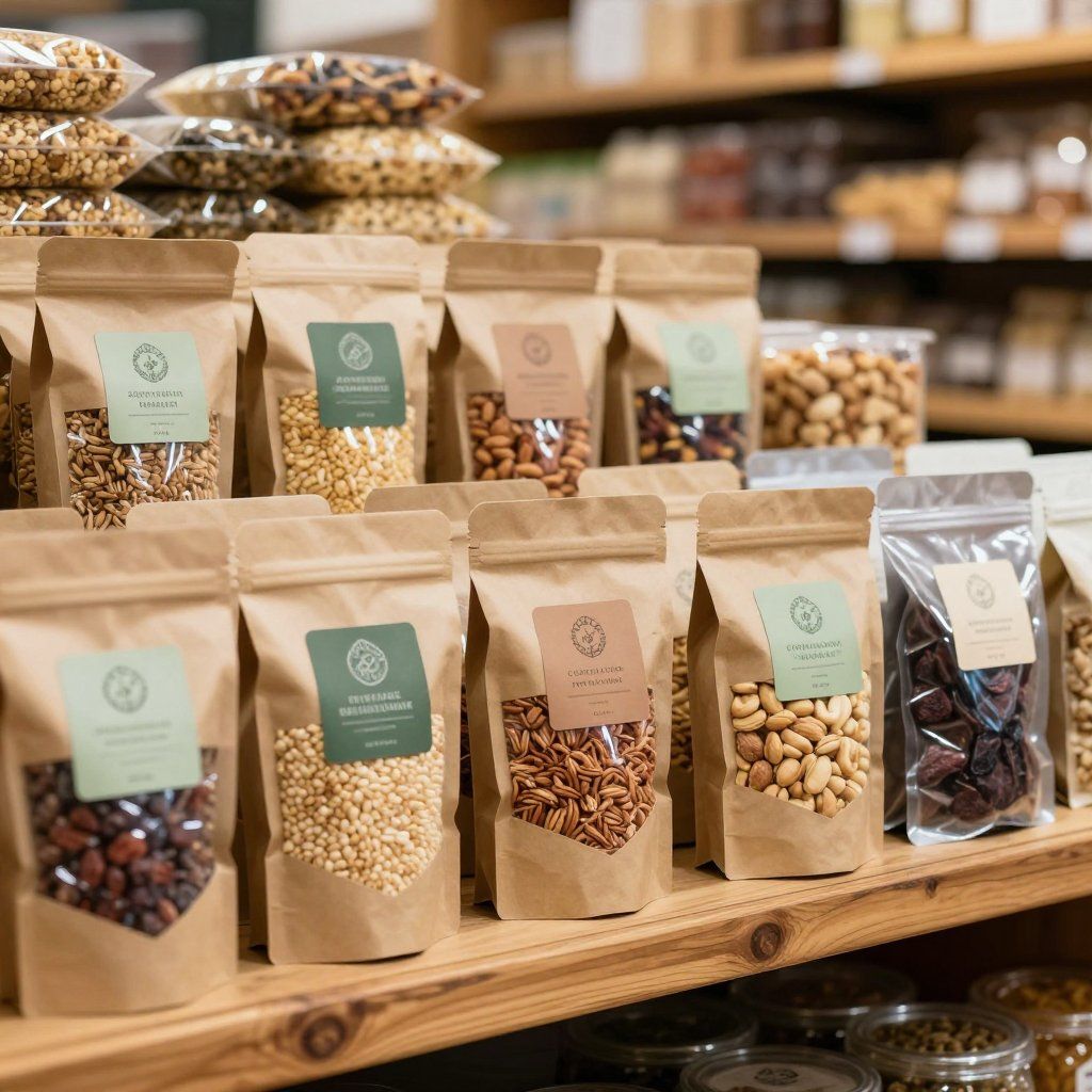 Exhibición en estanterías de diversos frutos secos en bolsas de papel marrón con etiquetas en un mercado.