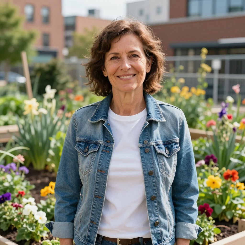 Una mujer con chaqueta vaquera sonríe en un jardín con flores de colores y edificios al fondo.
