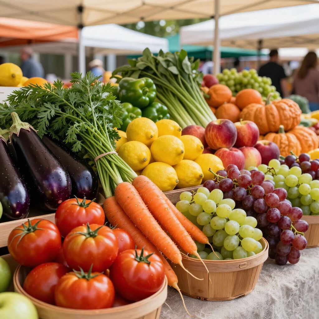 Puesto de productos agrícolas en un mercado de agricultores, que exhibe tomates, berenjenas, zanahorias, limones, uvas, manzanas y pimientos.