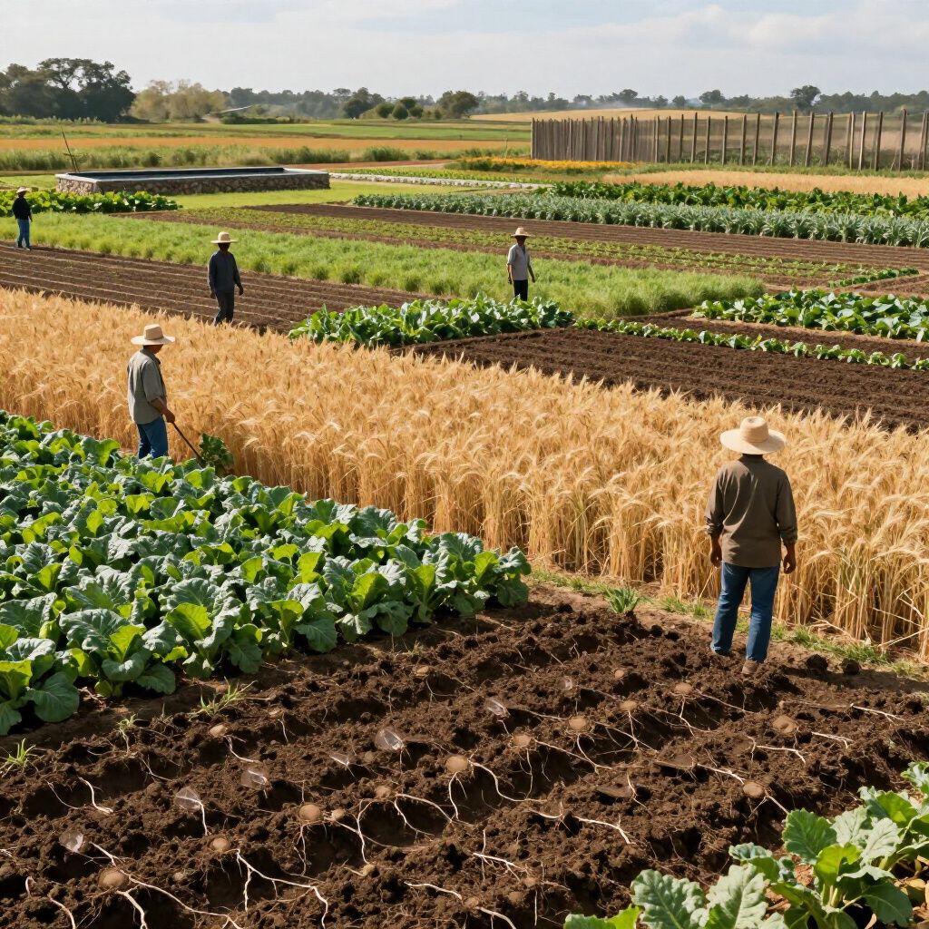 Agricultores cultivando un campo bajo un cielo azul. Hileras de hortalizas y trigo sembradas en la tierra marrón.