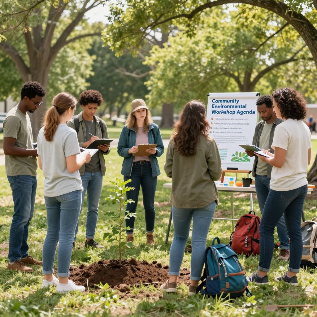 Grupo de personas plantando un árbol en un parque, con un cartel sobre una iniciativa comunitaria.