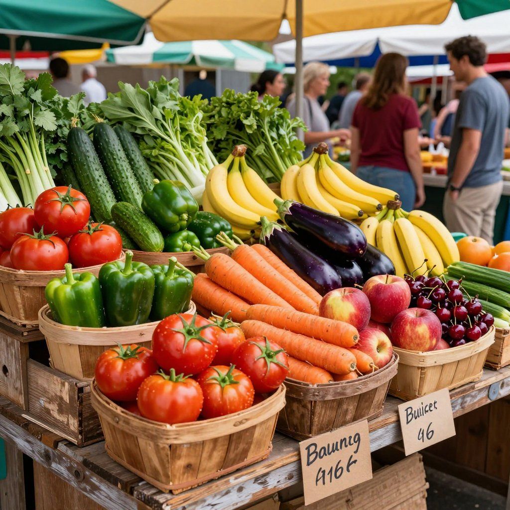 Puesto de productos con cestas de frutas y verduras frescas; gente mirando.