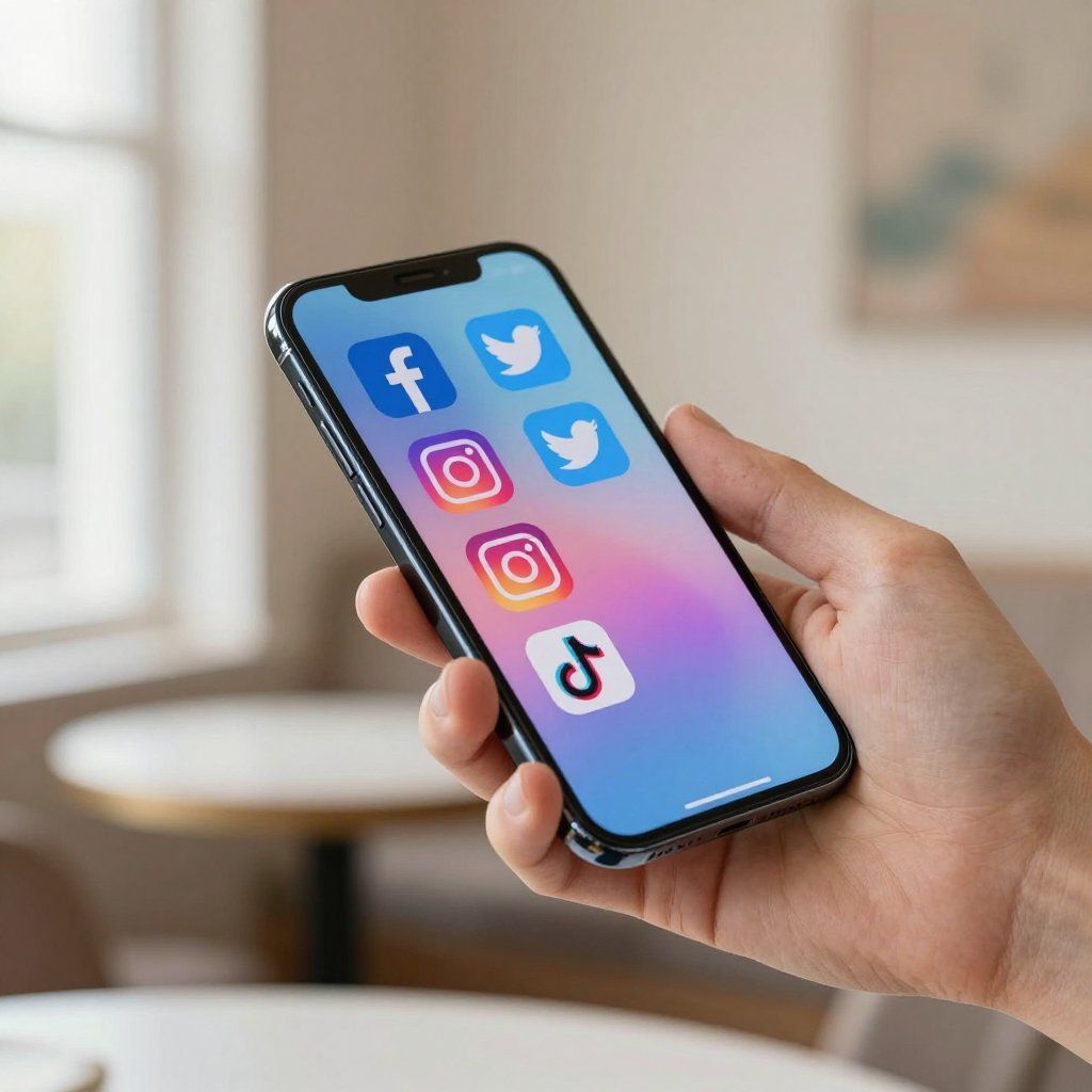 Mano sosteniendo un teléfono inteligente que muestra íconos de aplicaciones de redes sociales: Facebook, Instagram, Twitter y TikTok.