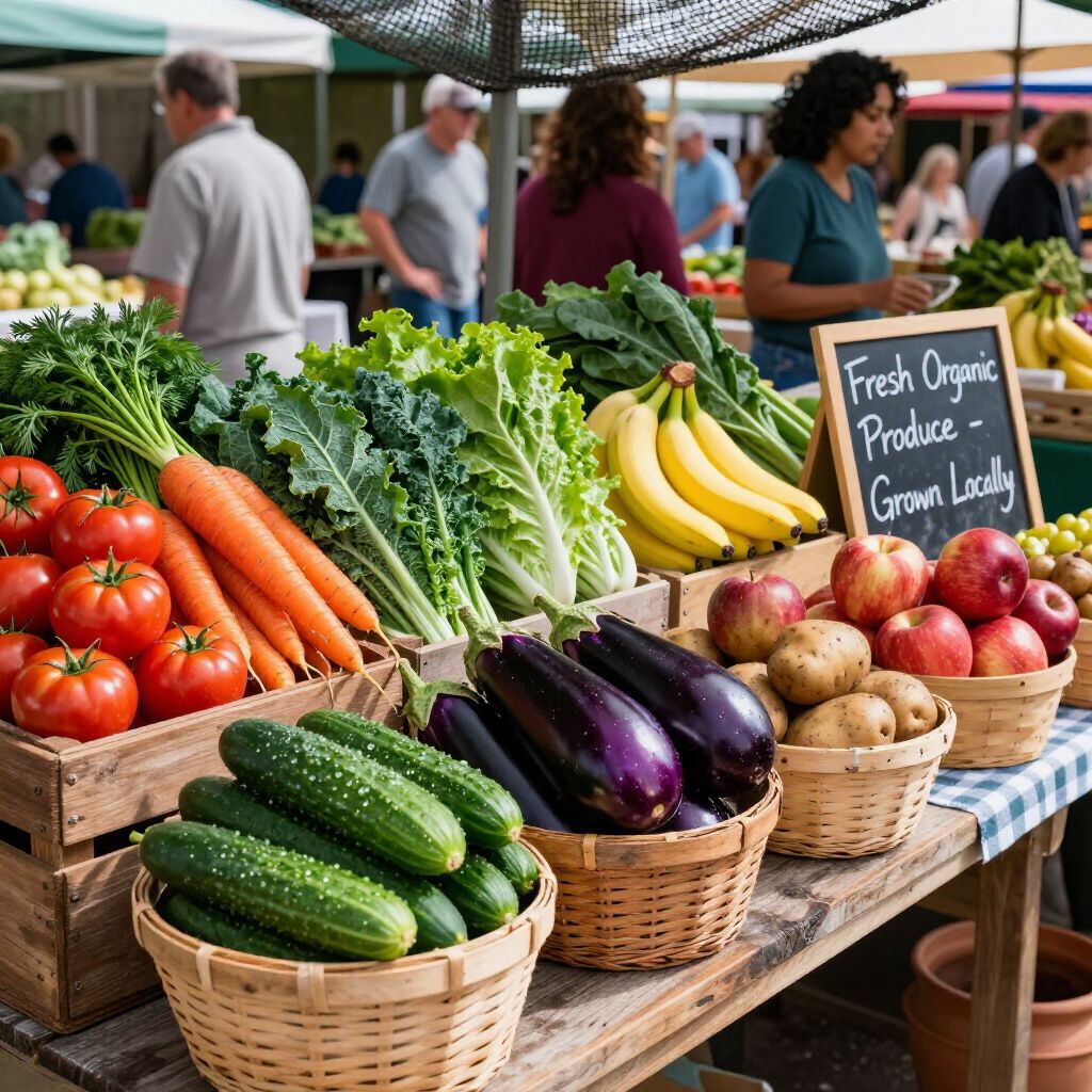 Puesto de productos agrícolas en un mercado de agricultores; verduras y frutas en exposición, los clientes miran.