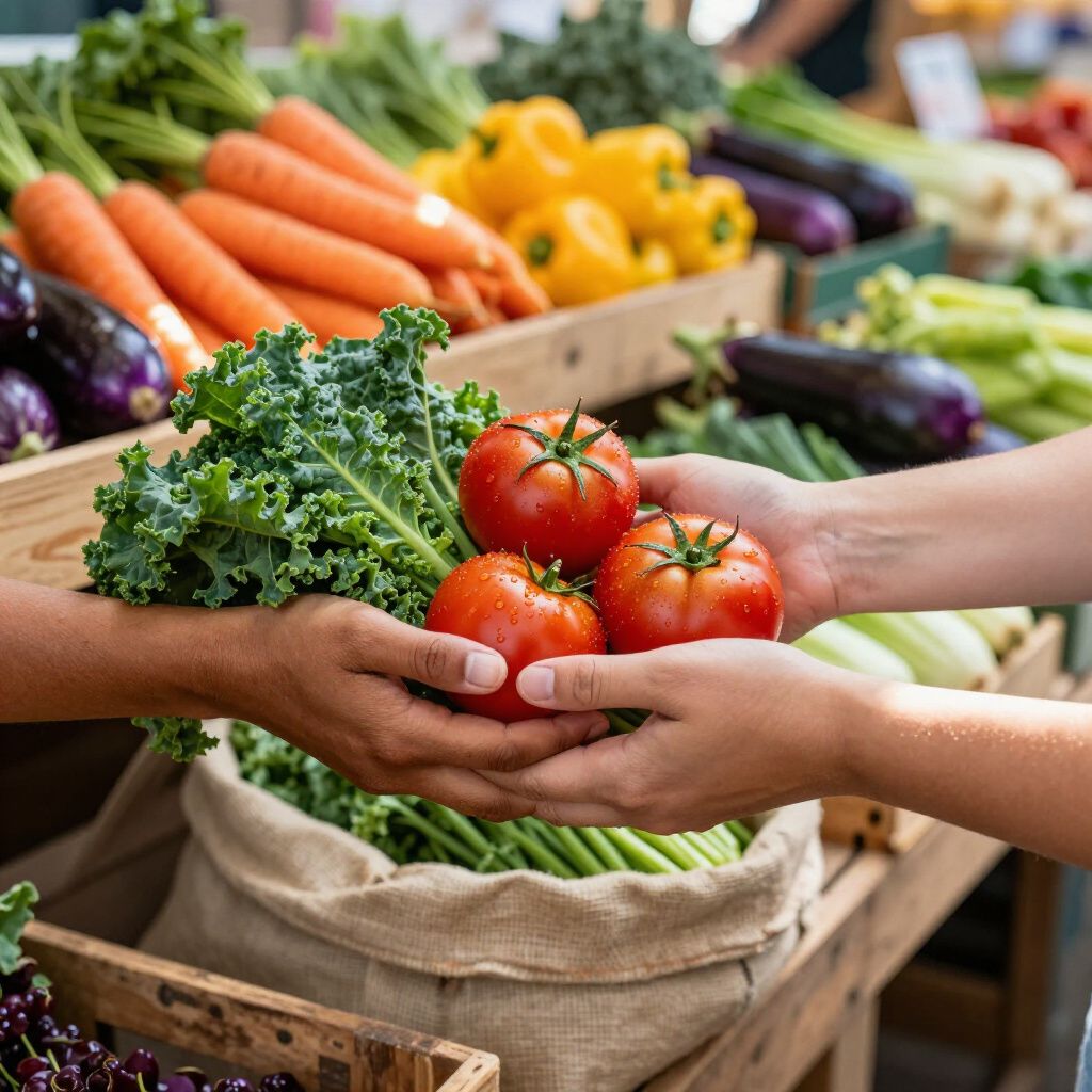 Manos que pasan tomates rojos sobre la exhibición de productos de un mercado de agricultores.