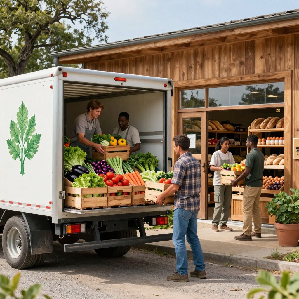 Camión descargando productos frescos en un mercado. En un portal, la gente carga cajas de comida. Verduras en cajas de madera.