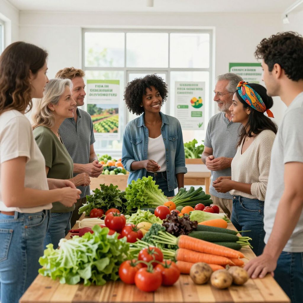 Gente reunida alrededor de una mesa con verduras frescas, sonriendo. Dentro de un mercado o una cocina.