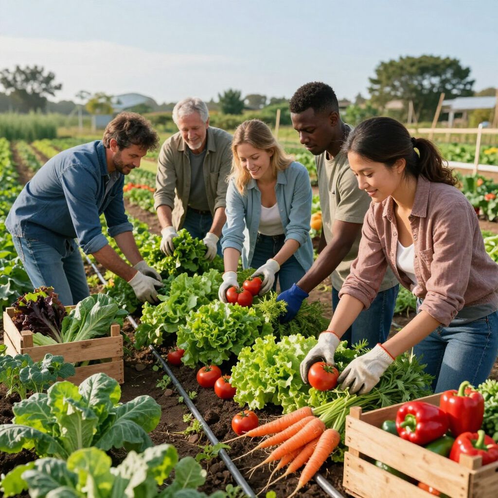 Gente cosechando verduras en un huerto: tomates, lechugas, zanahorias y pimientos.