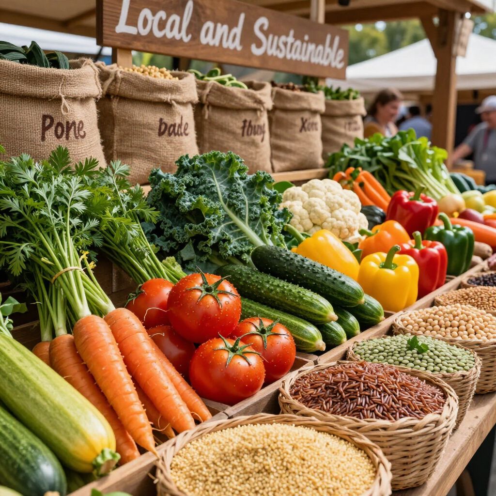 Exhibición de productos frescos en un mercado de agricultores, con verduras y granos a la venta bajo un cartel de 