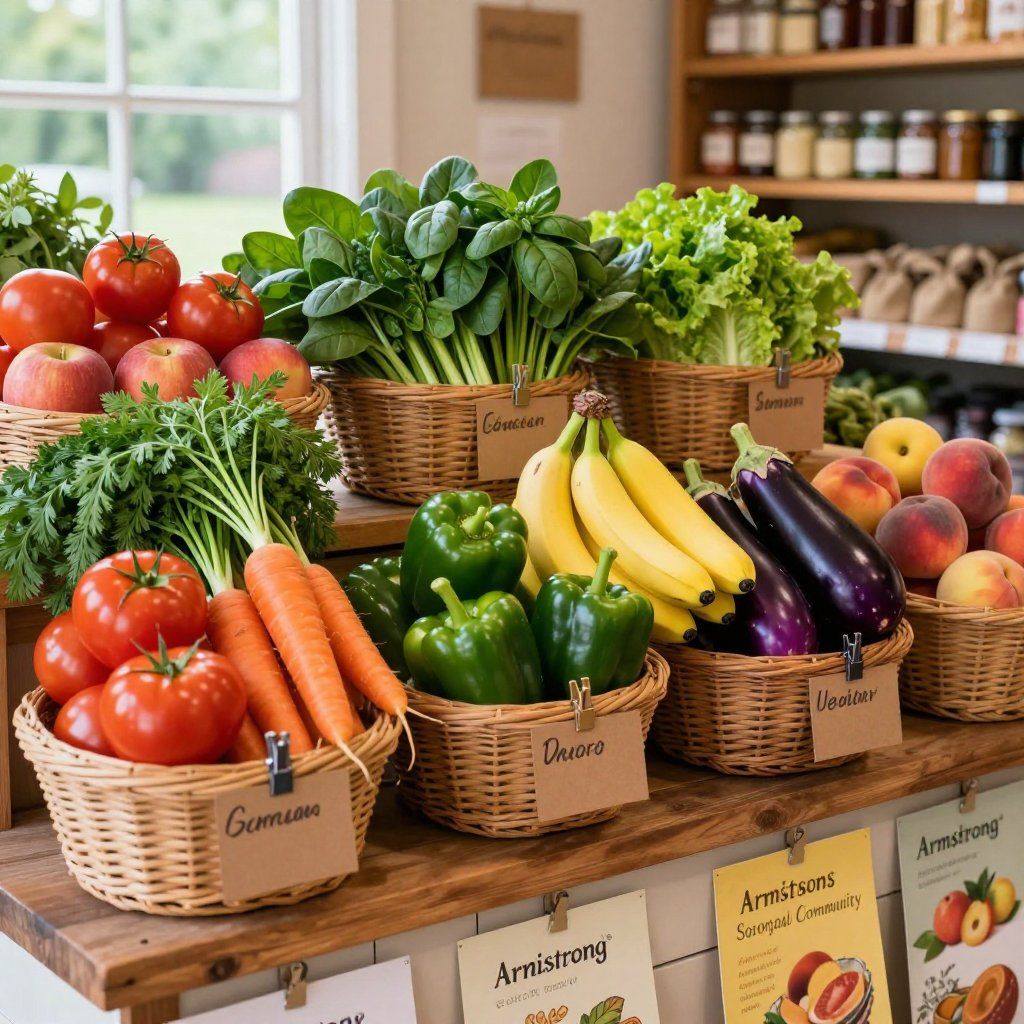 Exhibición de productos frescos en cestas: tomates, manzanas, espinacas, lechugas, plátanos, pimientos, berenjenas, melocotones y zanahorias.