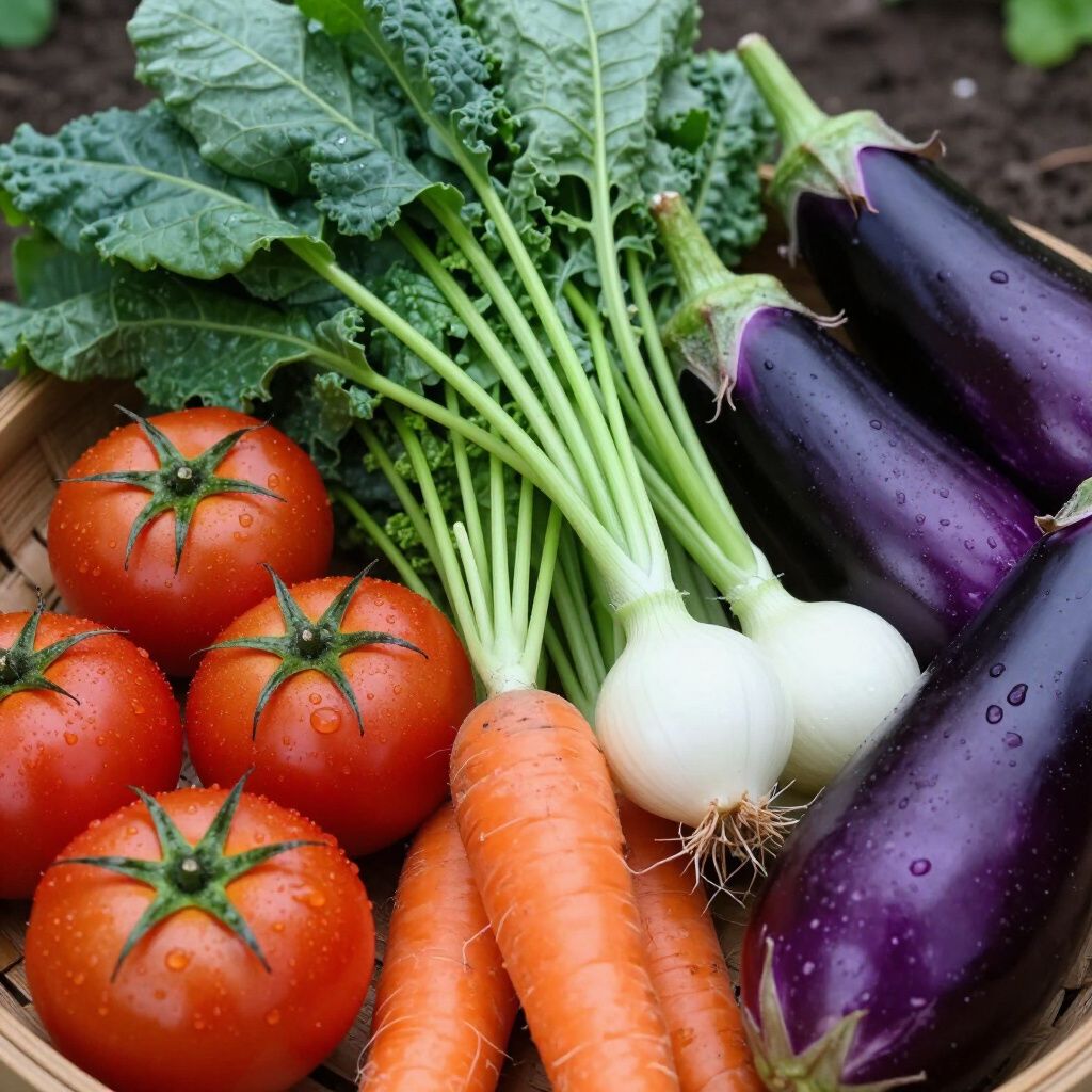 Cesta de productos frescos: tomates, col rizada, berenjenas, cebollas y zanahorias.
