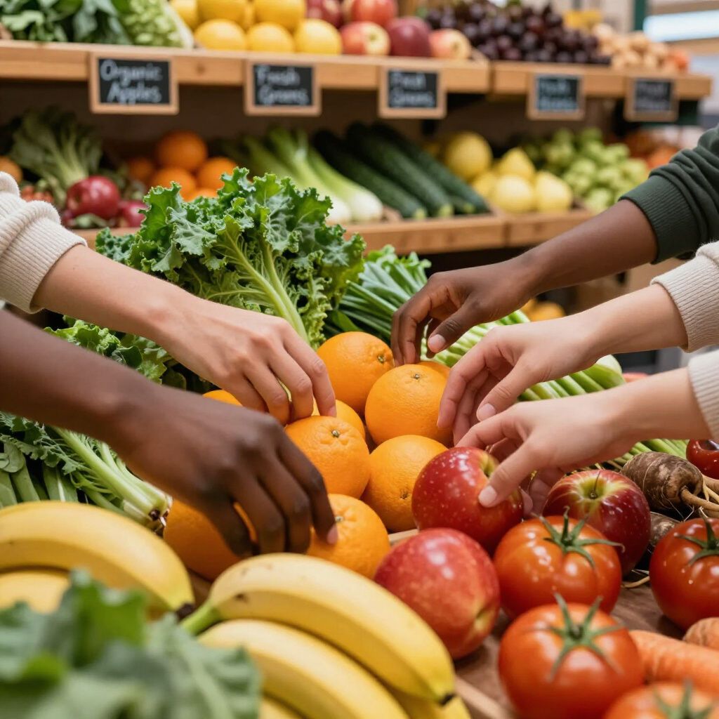 Manos que buscan naranjas, manzanas y plátanos en una sección de productos agrícolas bien abastecida.