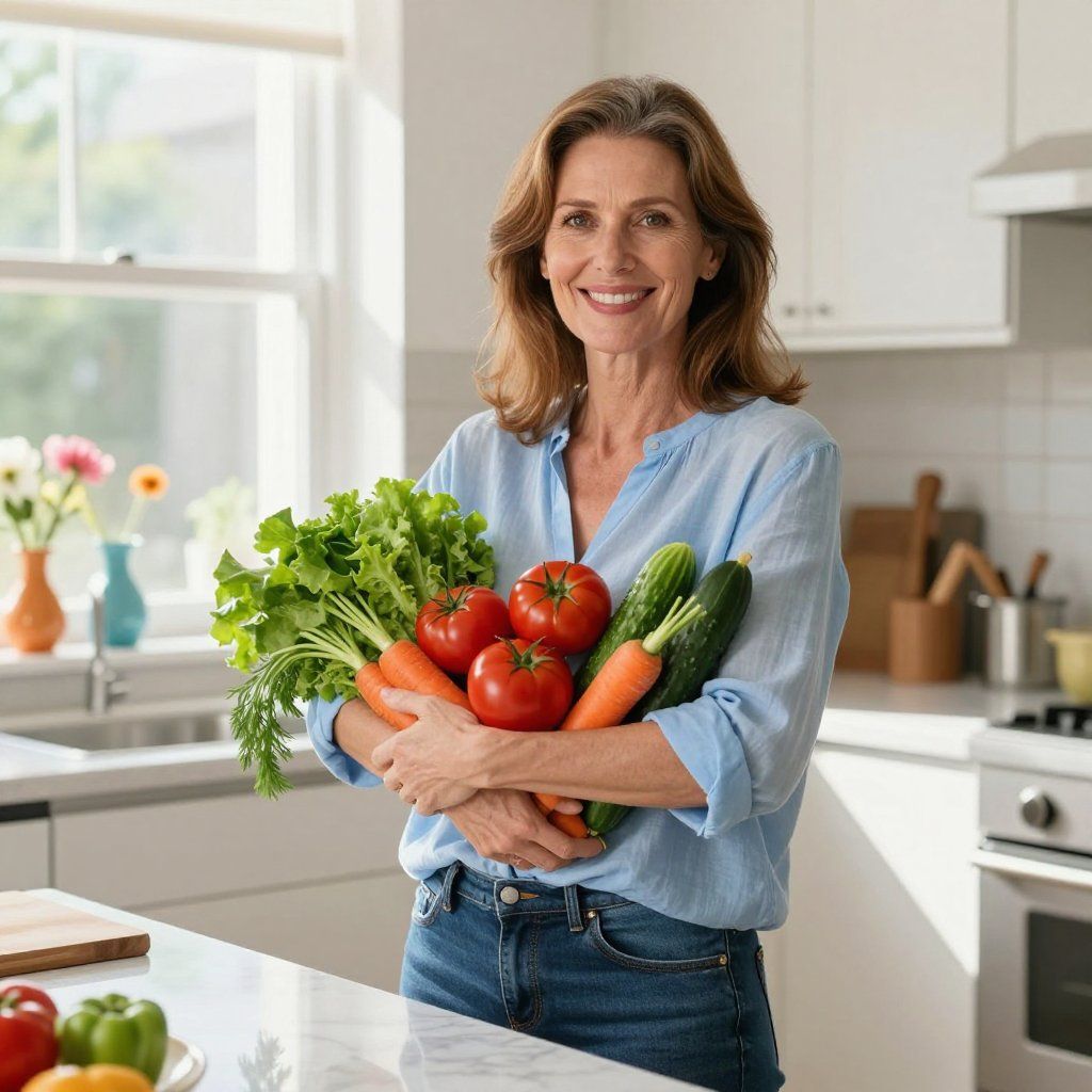 Mujer en una cocina sosteniendo verduras frescas: tomates, pepinos, zanahorias y lechuga, sonriendo.