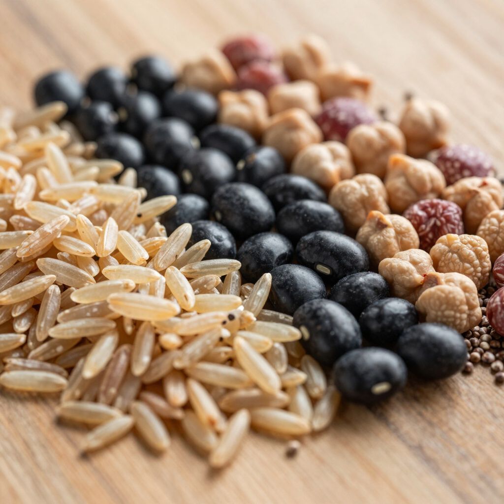 Primer plano de arroz integral, frijoles negros, garbanzos y frijoles rojos pequeños dispuestos sobre una superficie de madera.