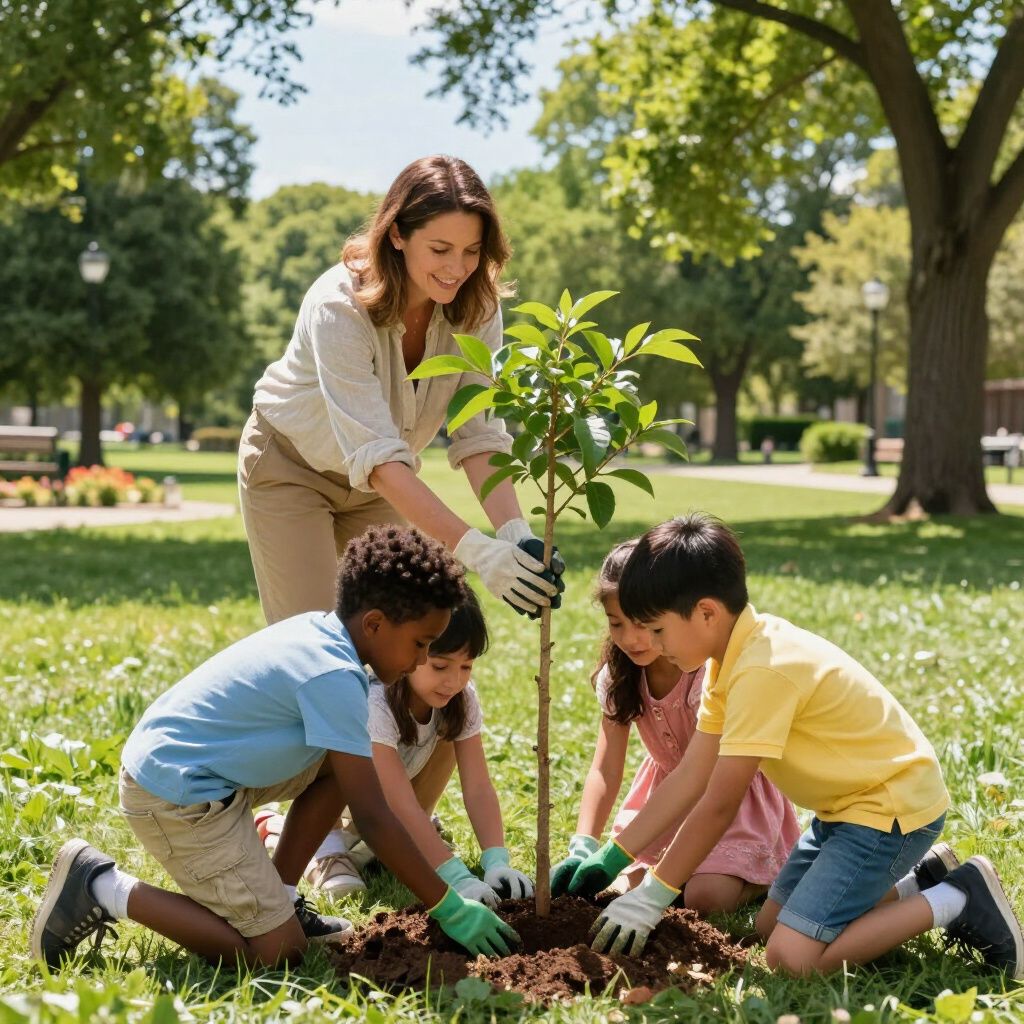 Mujer y niños plantando un árbol en un parque; día soleado.